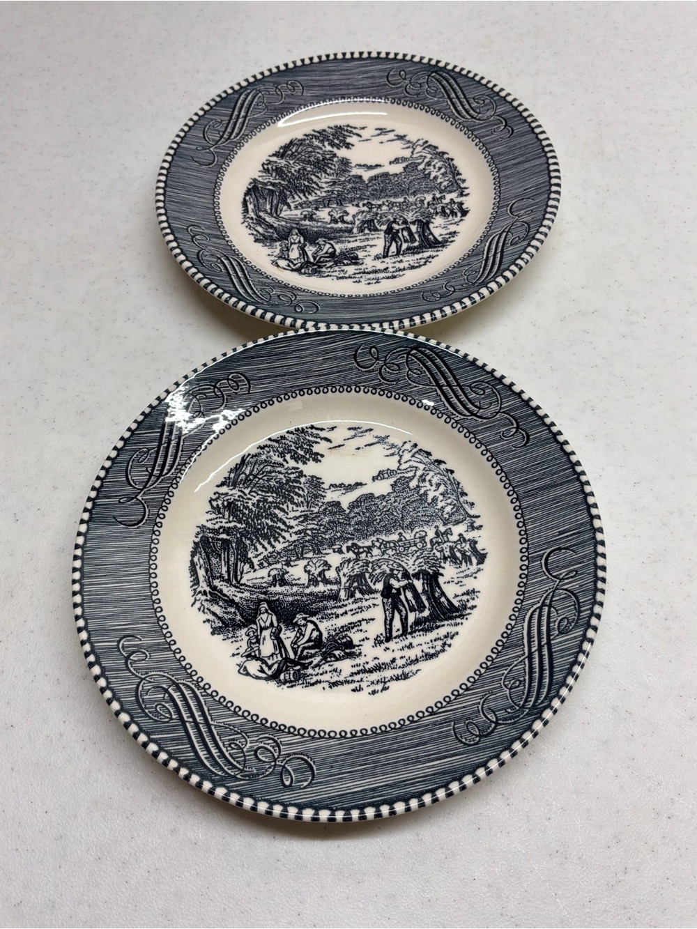 Currier and Ives Blue and White Salad Plates - Set of 2 - 1 Has a Small Chip